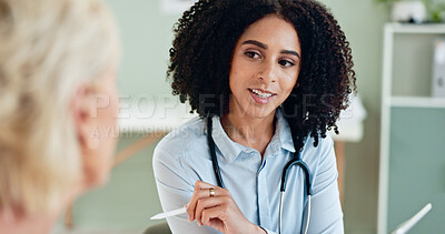 Buy stock photo Doctor, woman or patient in consultation with discussion for healthcare support, medical results or feedback. Medicine, professional and person with advice for diagnosis, consulting or health service