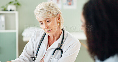 Buy stock photo Mature doctor, woman and patient in consultation for healthcare support, medical results or feedback. Medicine, professional and person with discussion for expert advice, consulting or health service