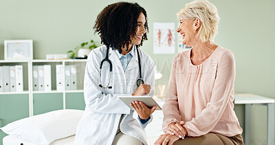 Buy stock photo Happy woman, doctor or consulting patient with tablet in checkup for medical results, diagnosis or prescription at hospital. Female person talking to client for consultation, help or advice at clinic