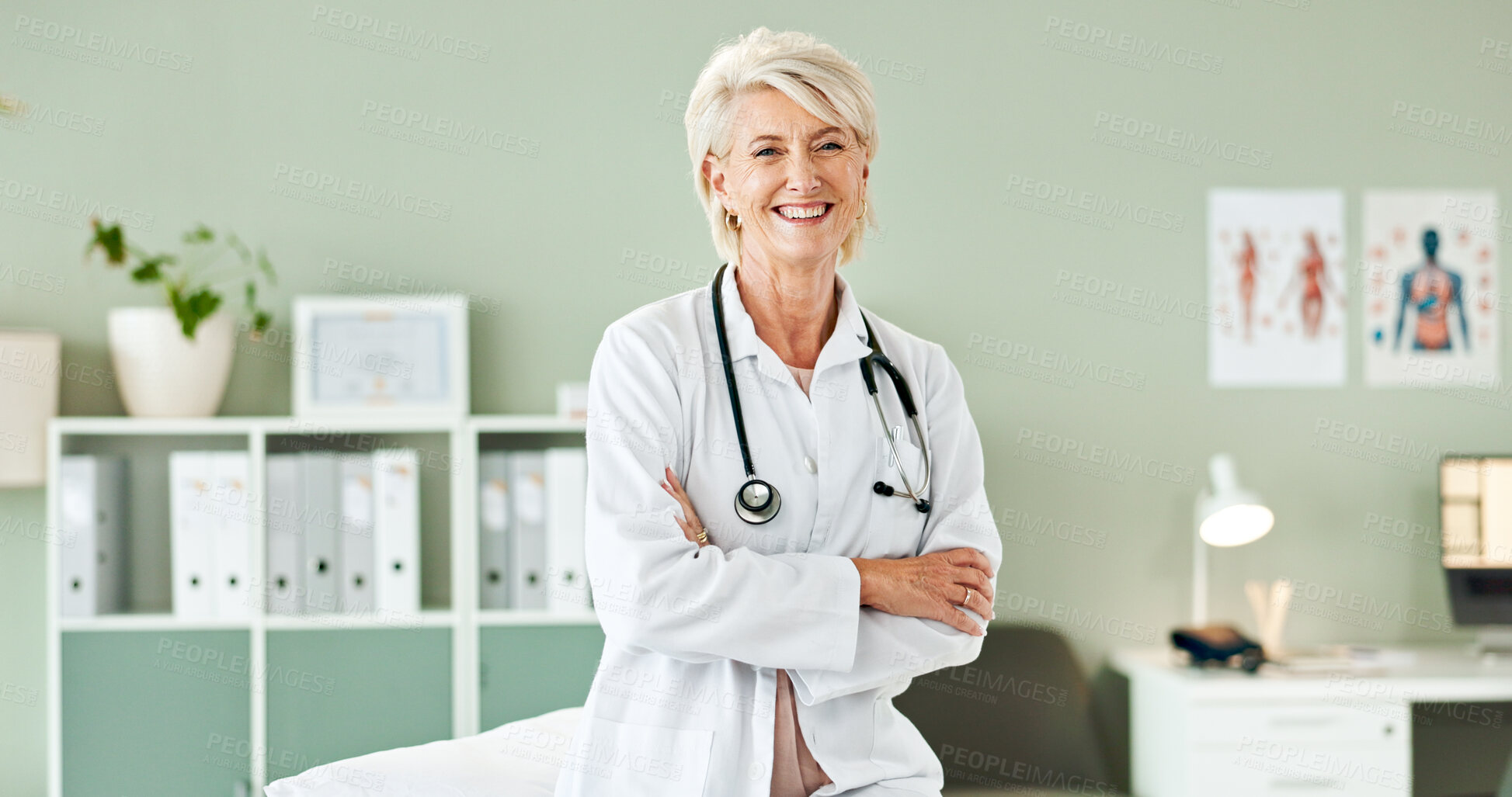 Buy stock photo Hospital, crossed arms and portrait of mature doctor with stethoscope for medical career, support and health. Clinic, healthcare and professional woman for cardiology, pulmonary service and wellness