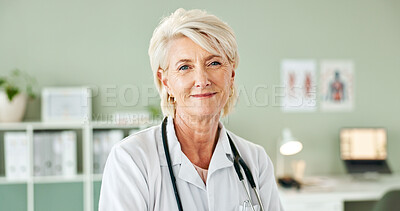 Buy stock photo Hospital, doctor and portrait of mature woman with stethoscope for medical career, support and health. Clinic, healthcare and happy person for cardiology consultation, pulmonary service and wellness