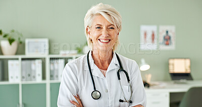 Buy stock photo Mature woman, portrait and doctor with confidence for medical profession, career or healthcare at hospital. Female person, consultant or health professional with smile or stethoscope at office clinic