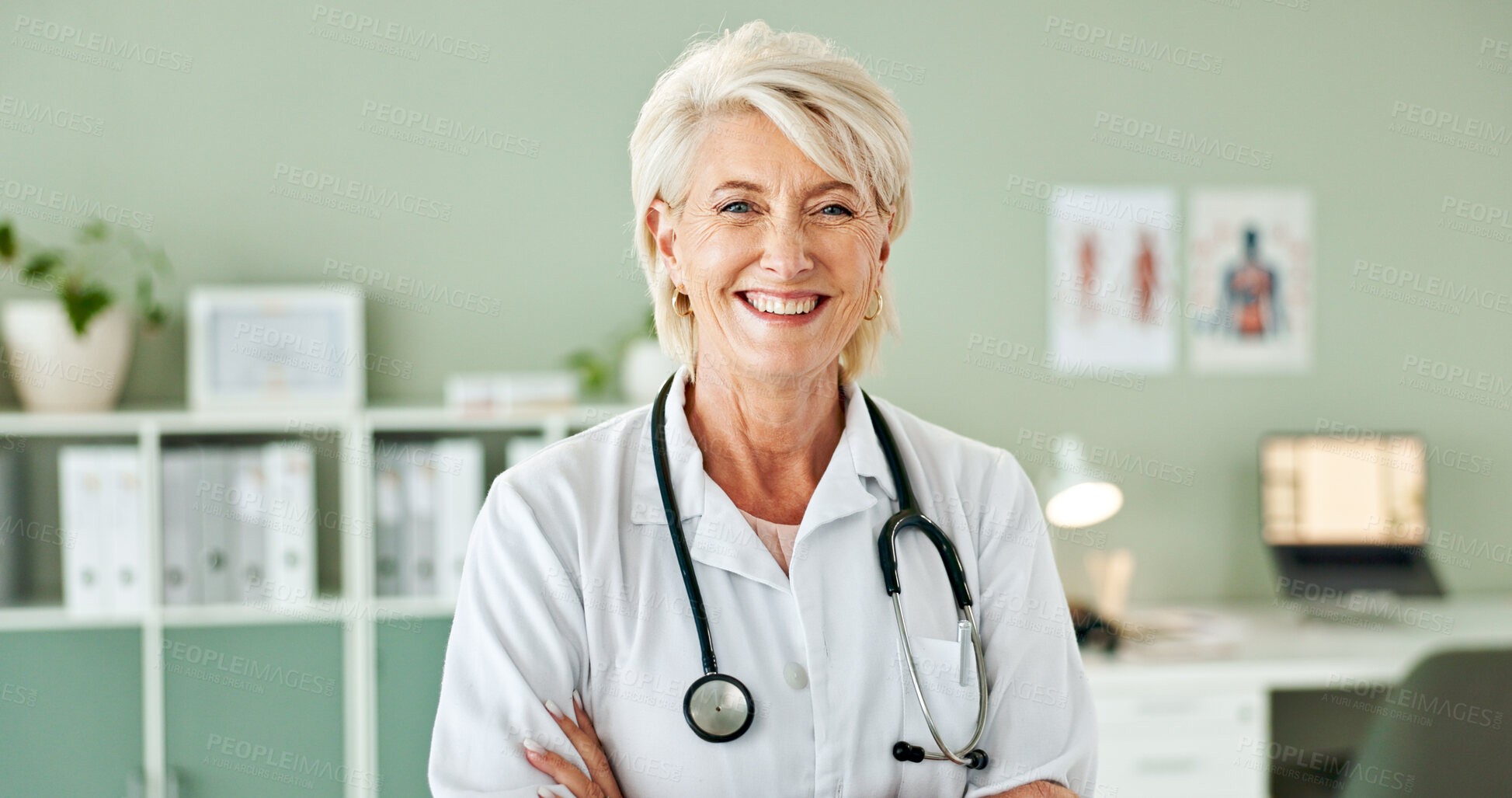 Buy stock photo Mature woman, portrait and doctor with confidence for medical profession, career or healthcare at hospital. Female person, consultant or health professional with smile or stethoscope at office clinic