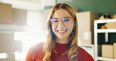 Buy stock photo Happy woman, portrait and small business with boxes in logistics for supply chain or distribution at office. Female person or employee with smile, glasses or boxes for ecommerce or storage service