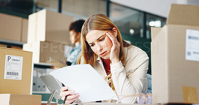 Buy stock photo Business woman, stress and document for logistics with wrong invoice, package or print mistake. Seller or entrepreneur with headache or confused for paperwork, fail and distribution error by boxes