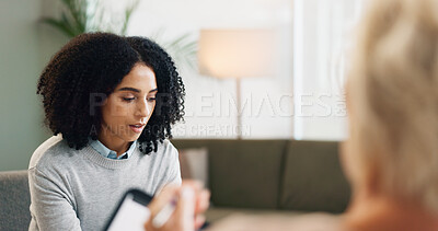 Buy stock photo Mental health, counseling or sad woman in consultation with psychologist for advice, support or depression. Psychology, help or patient with therapist for anxiety, stress or grief healing therapy