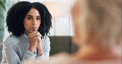 Buy stock photo Counseling, fear and woman in consultation with psychologist for advice, support and comfort for depression. Psychology, mental health or patient with therapist for anxiety, stress or healing therapy