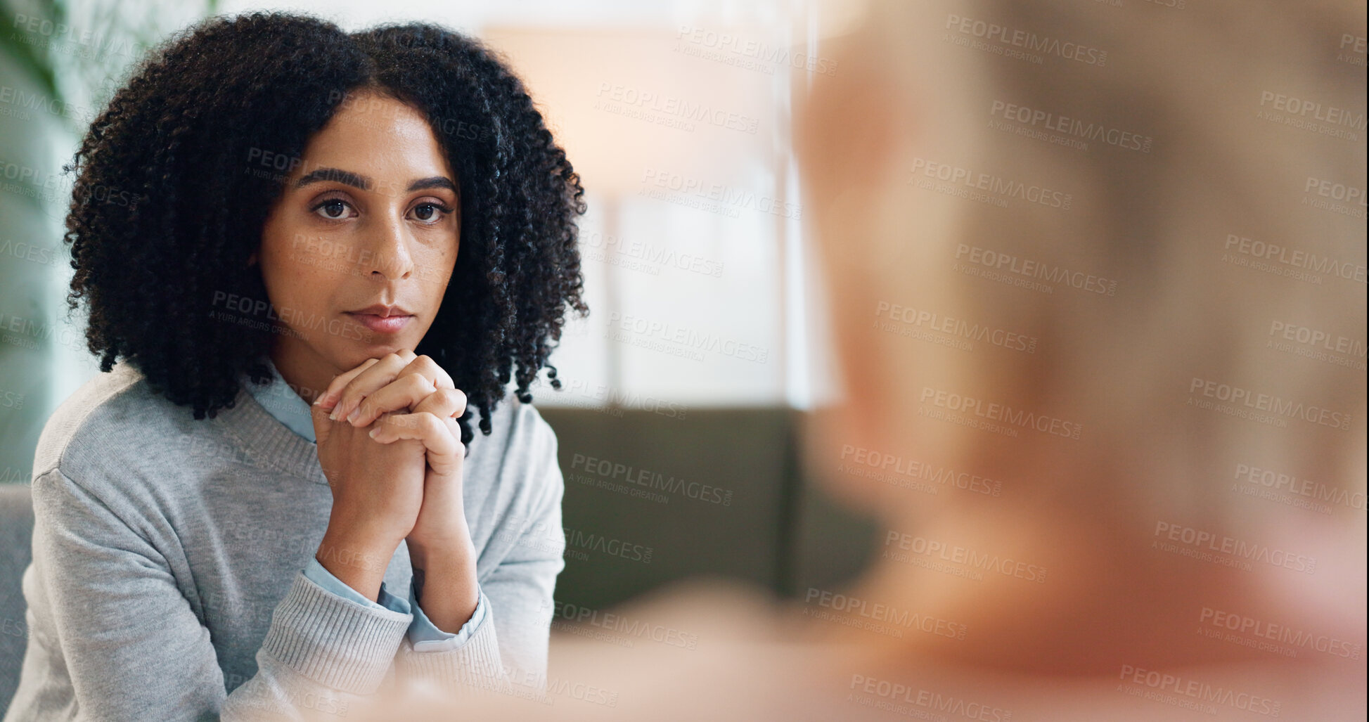 Buy stock photo Counseling, fear and woman in consultation with psychologist for advice, support and comfort for depression. Psychology, mental health or patient with therapist for anxiety, stress or healing therapy