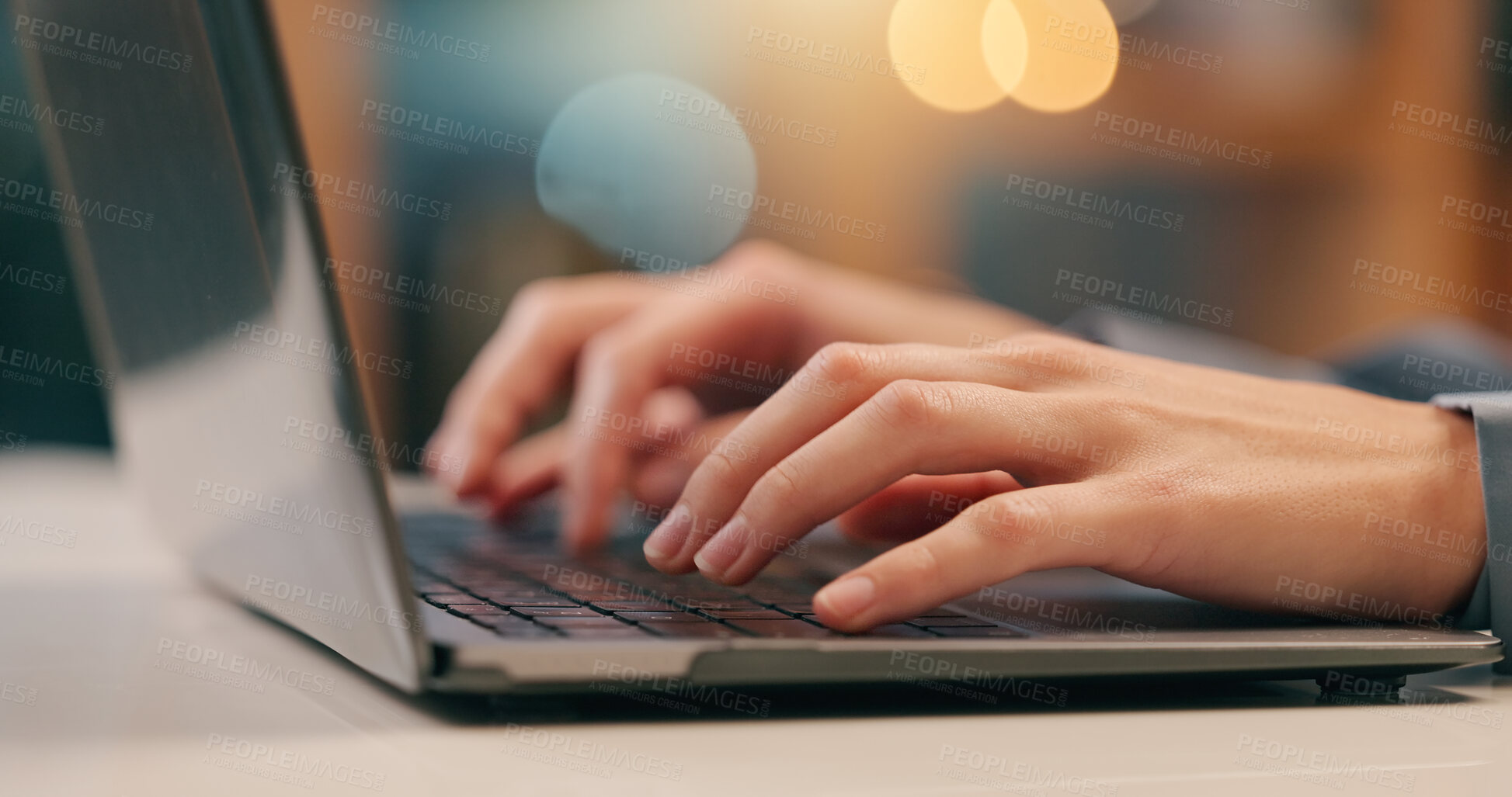 Buy stock photo Person, hands and typing on laptop in office for email, spreadsheet and proposal or application for work. Woman, online and technology with bokeh for task or drafting, writing notes and report.
