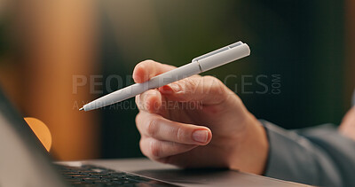 Buy stock photo Person, hands and laptop with pen for search or writing, research and internet browsing for business new. Closeup, tech and online for networking or industry trends, product development and sales