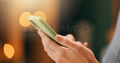 Buy stock photo Hands, phone and person with communication on internet, social media or mobile app for connectivity. Technology, bokeh and smartphone for networking on website for contact, texting or research.