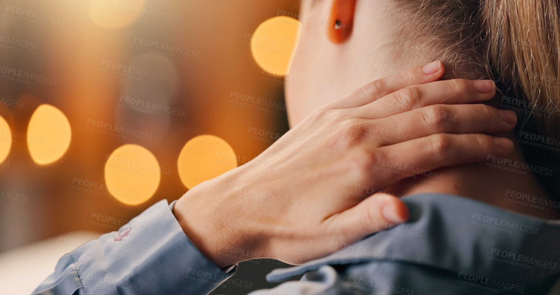 Buy stock photo Neck pain, hands and business woman in night office with anatomy, risk and emergency with bokeh. Burnout, working late and manager at startup consulting agency with joint, tension or deadline stress