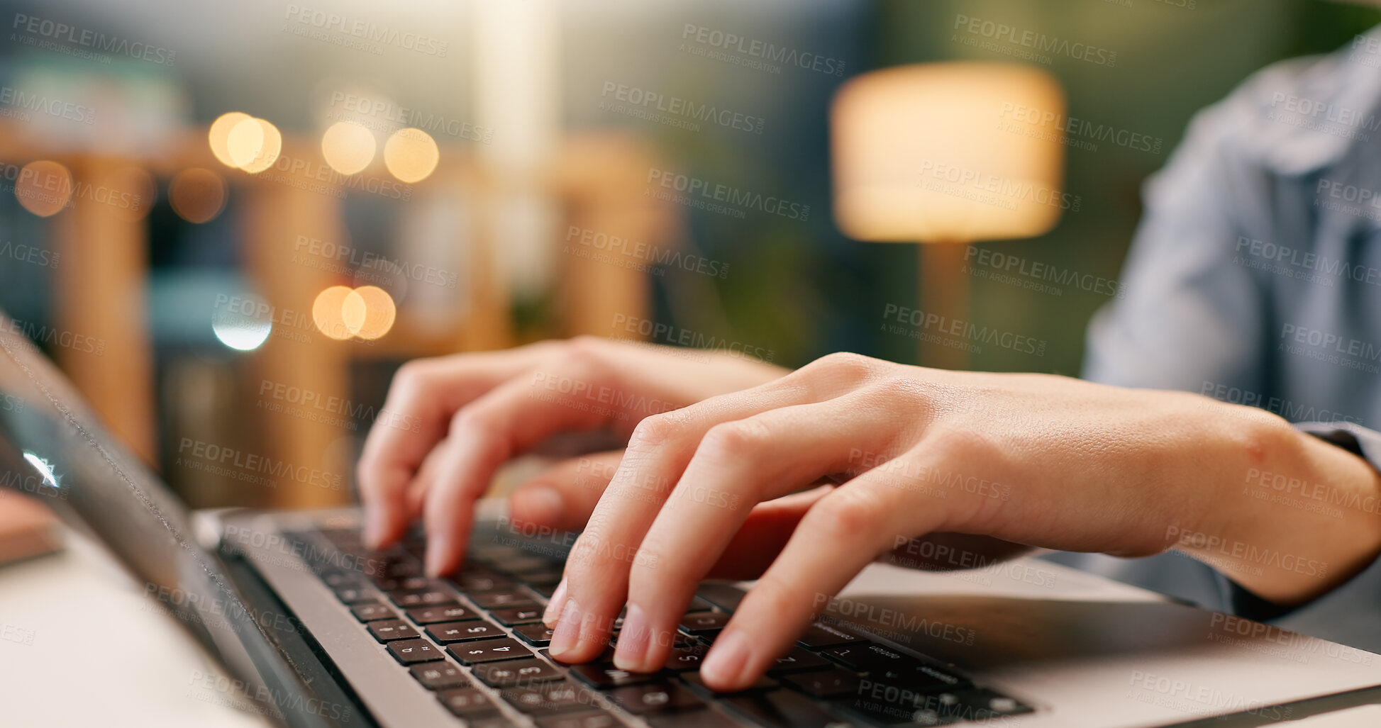 Buy stock photo Woman, keyboard and typing with hands on laptop, browsing and searching for internet review online. Email, office blog and communication for company project, administrator and schedule planning