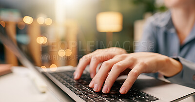 Buy stock photo Woman, hands and typing on laptop in office for email at home and proposal, application for work. Person, online and technology with bokeh for task or drafting, writing notes at desk and report.