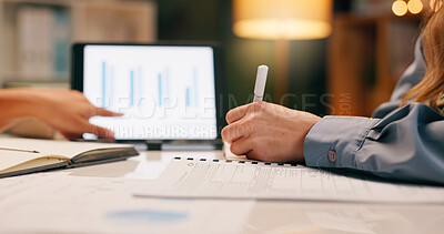 Buy stock photo Writing, hands and tablet in office with chart, statistics and results for sales on table. Application, people and data on screen for comparison, information and discussion for finance in company