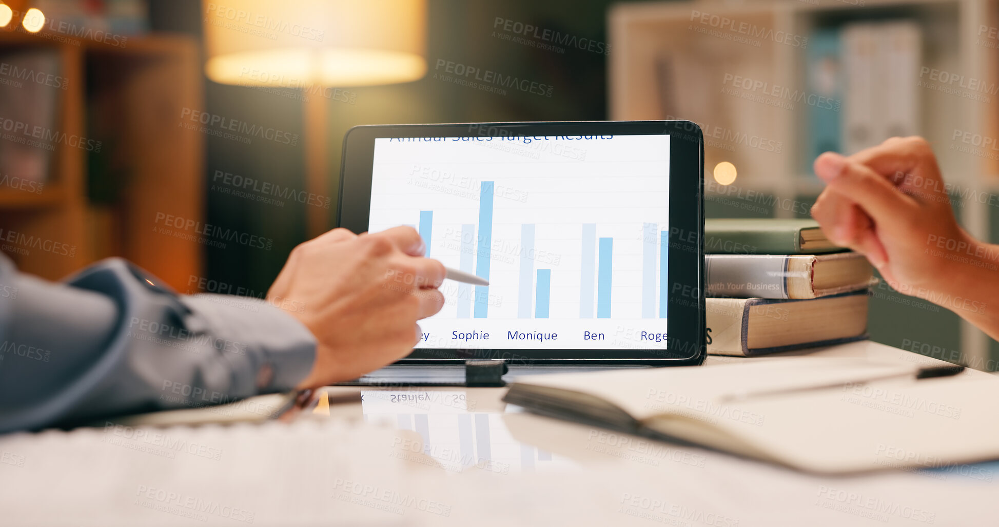 Buy stock photo Hands, tablet and meeting in office with graph, statistics and results for sales on table. Technology, people and data on screen for comparison, information and discussion for progress in company