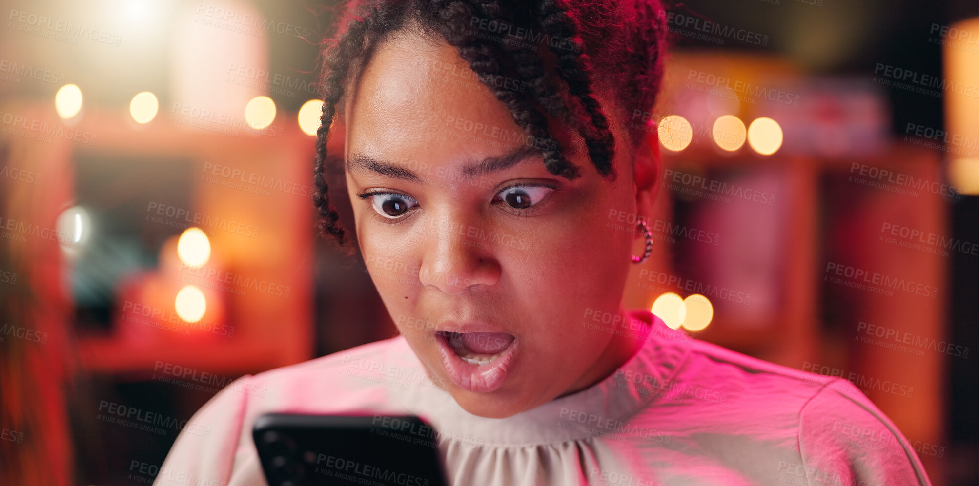 Buy stock photo Phone, surprise and woman with internet in home for social media, online fraud and reading fake info. Shocked, female person and neon with technology for digital scam, notification and phishing email