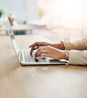 Buy stock photo Hands, laptop and typing with business person at desk of office for email, feedback or report. Computer, keyboard and research with corporate employee in professional workplace for communication