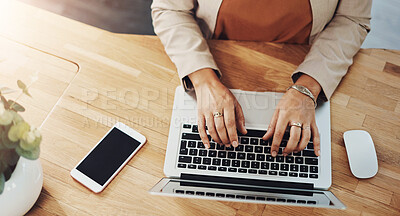 Buy stock photo Above, hands and business with woman, laptop and keyboard with research review. Closeup, person and employee with computer, smartphone and typing with internet, feedback for application and proposal