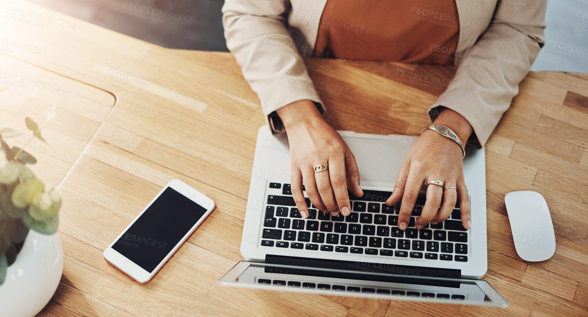 Buy stock photo Above, hands and business with woman, laptop and keyboard with research review. Closeup, person and employee with computer, smartphone and typing with internet, feedback for application and proposal