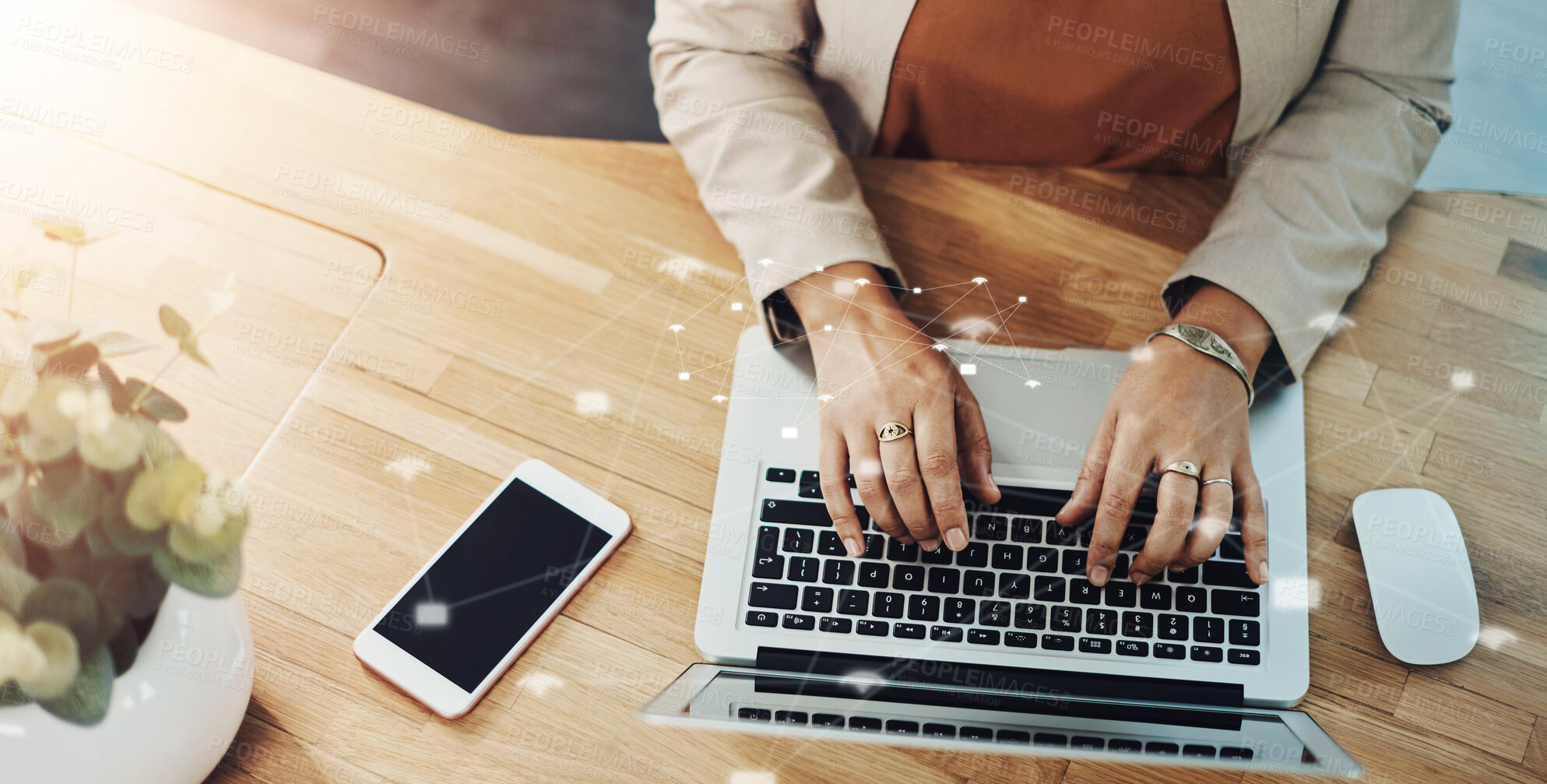 Buy stock photo Overlay, hands and business with woman, laptop and keyboard with communication. Closeup, person and employee with pc, public relations and typing with research, feedback with internet icon and email