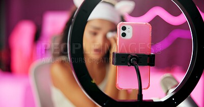 Buy stock photo Woman, makeup and ring light for streaming, cellphone and beauty for influencer in home. Tutorial, talking and content creator person for followers on social media, cosmetics and vlog for recording