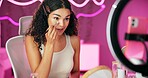 Woman, content creator and ring light for recording, cosmetics influencer and live streaming in studio. Talking, beauty and tutorial for foundation on social media, vlogger person for online webcam