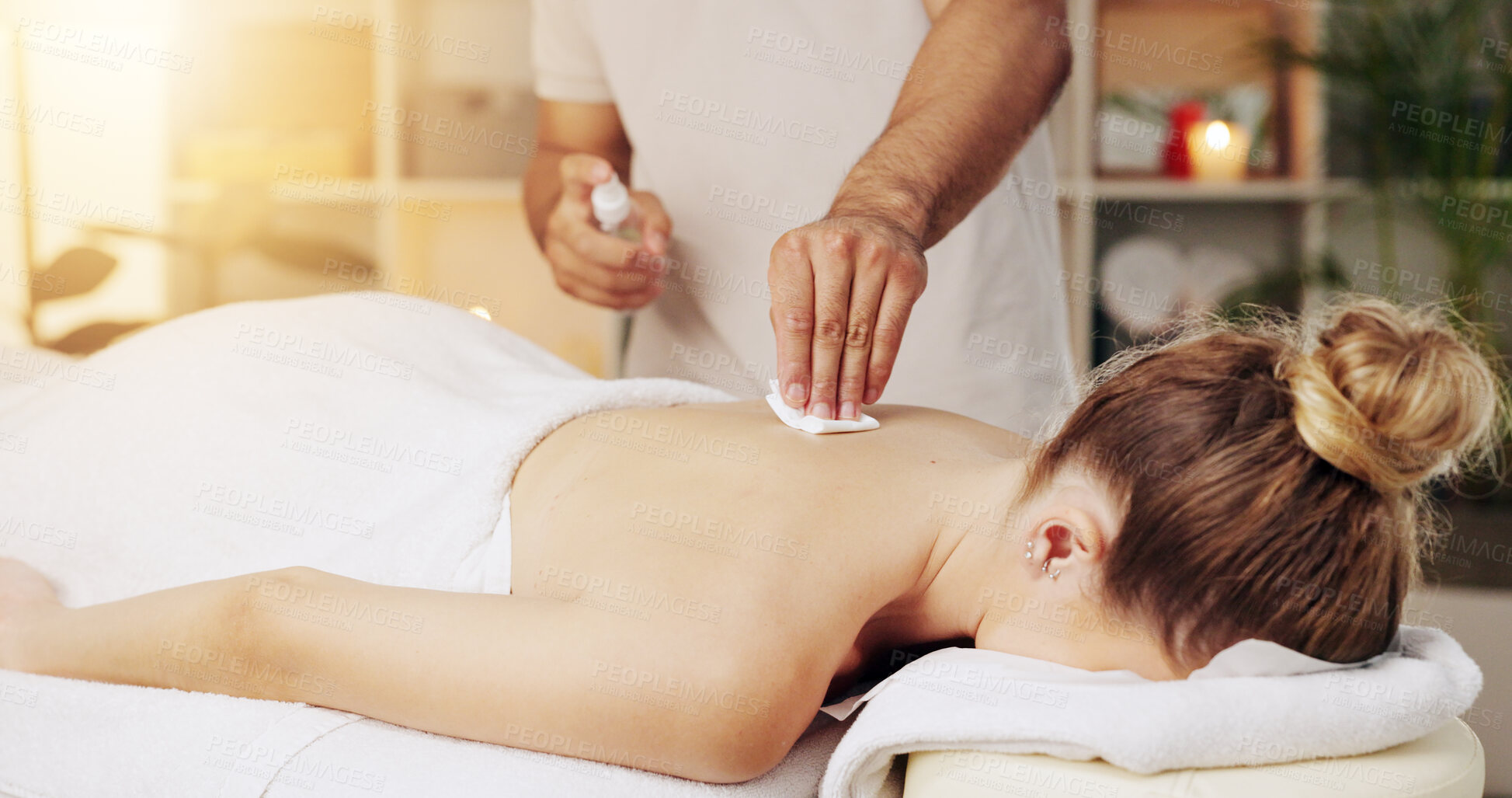 Buy stock photo Acupuncture, back and cosmetics in spa with customer treatment for healing, stress relief or therapy. Body, dry needling and relax with masseuse in resort for holistic massage or natural skincare