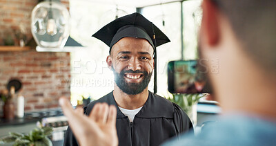 Buy stock photo Graduation, student and happy with photo in home for certificate, diploma and success in education. Man, picture and memory for social media post, scholarship and celebration for study achievement