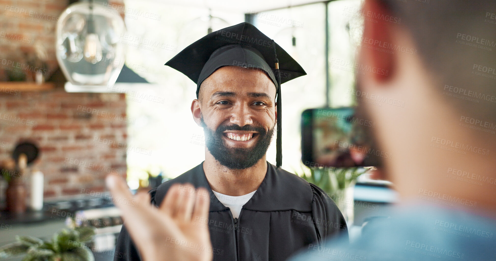 Buy stock photo Graduation, student and happy with photo in home for certificate, diploma and success in education. Man, picture and memory for social media post, scholarship and celebration for study achievement