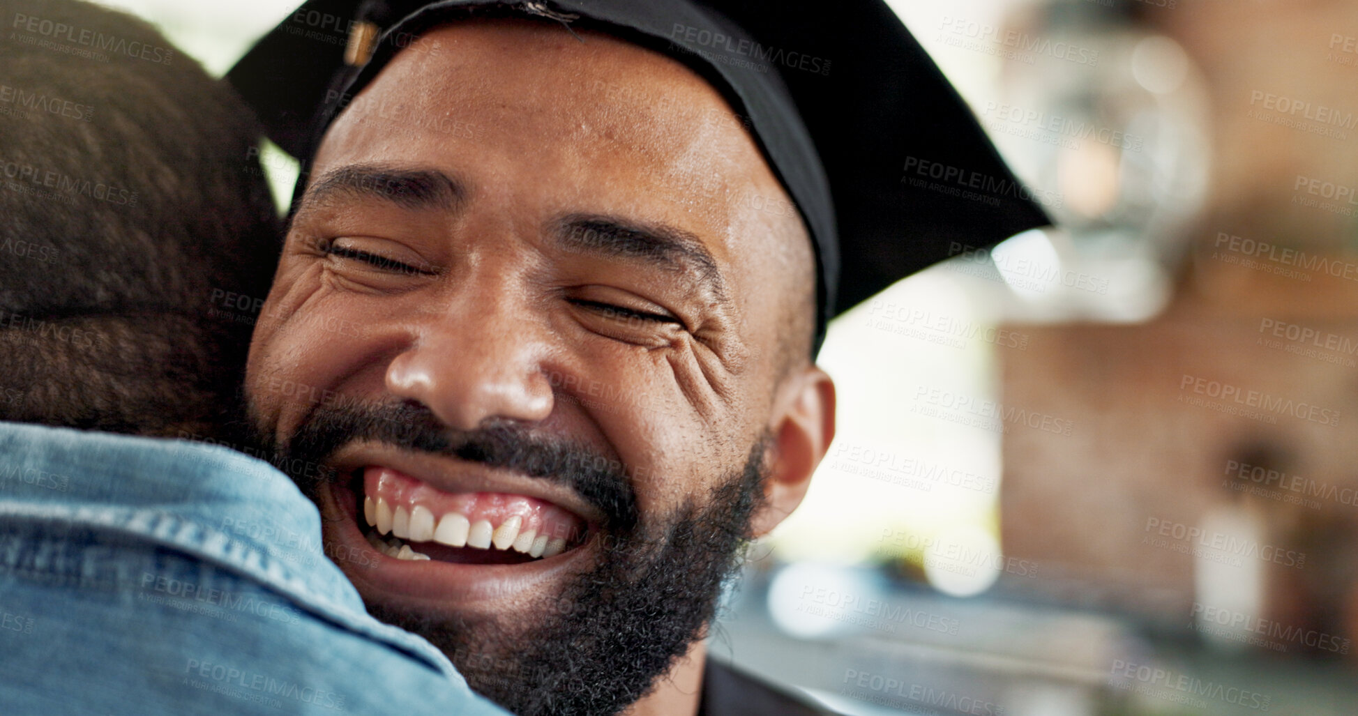Buy stock photo Man, hug and happy for graduation success in home with education achievement, pride and scholarship. Graduate, support embrace or celebration for academic degree, learning goals or studying milestone