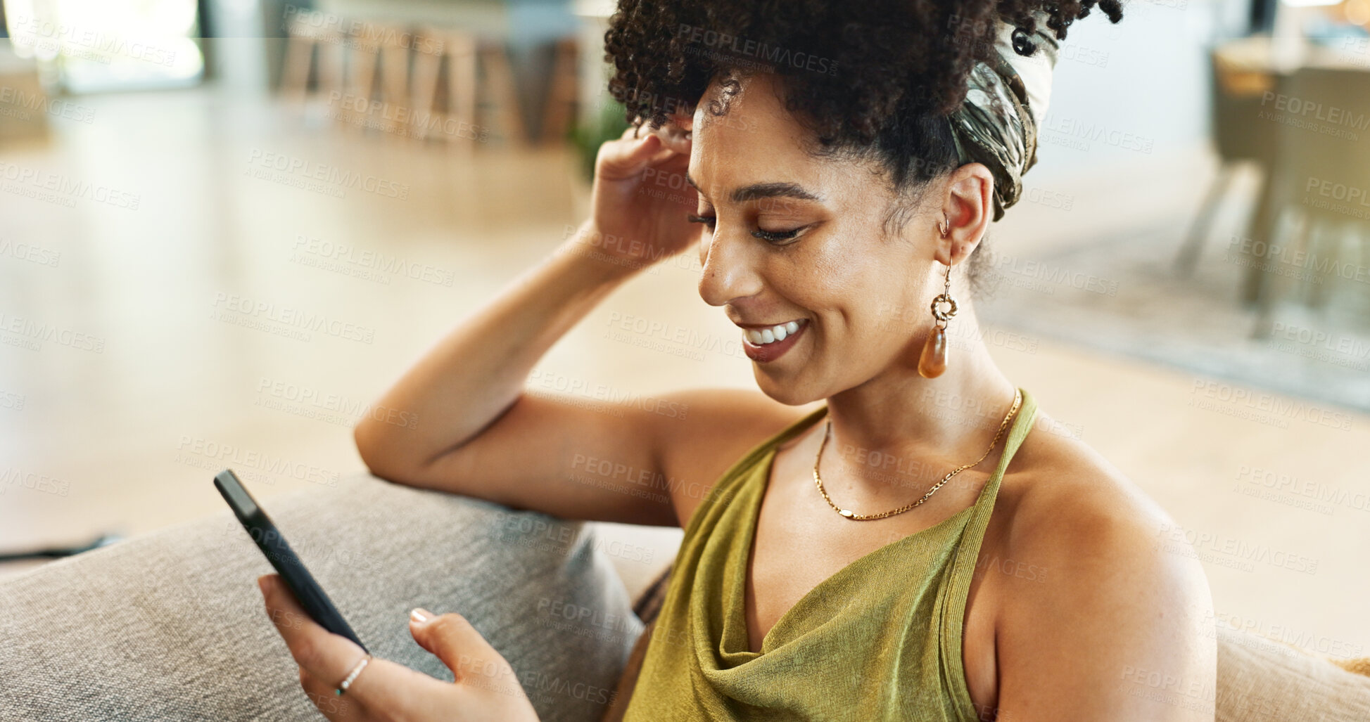 Buy stock photo Woman, phone and relax on couch to chat, typing and search on social media or internet in home. Female person, texting and smile for online communication, connection and app for message in lounge