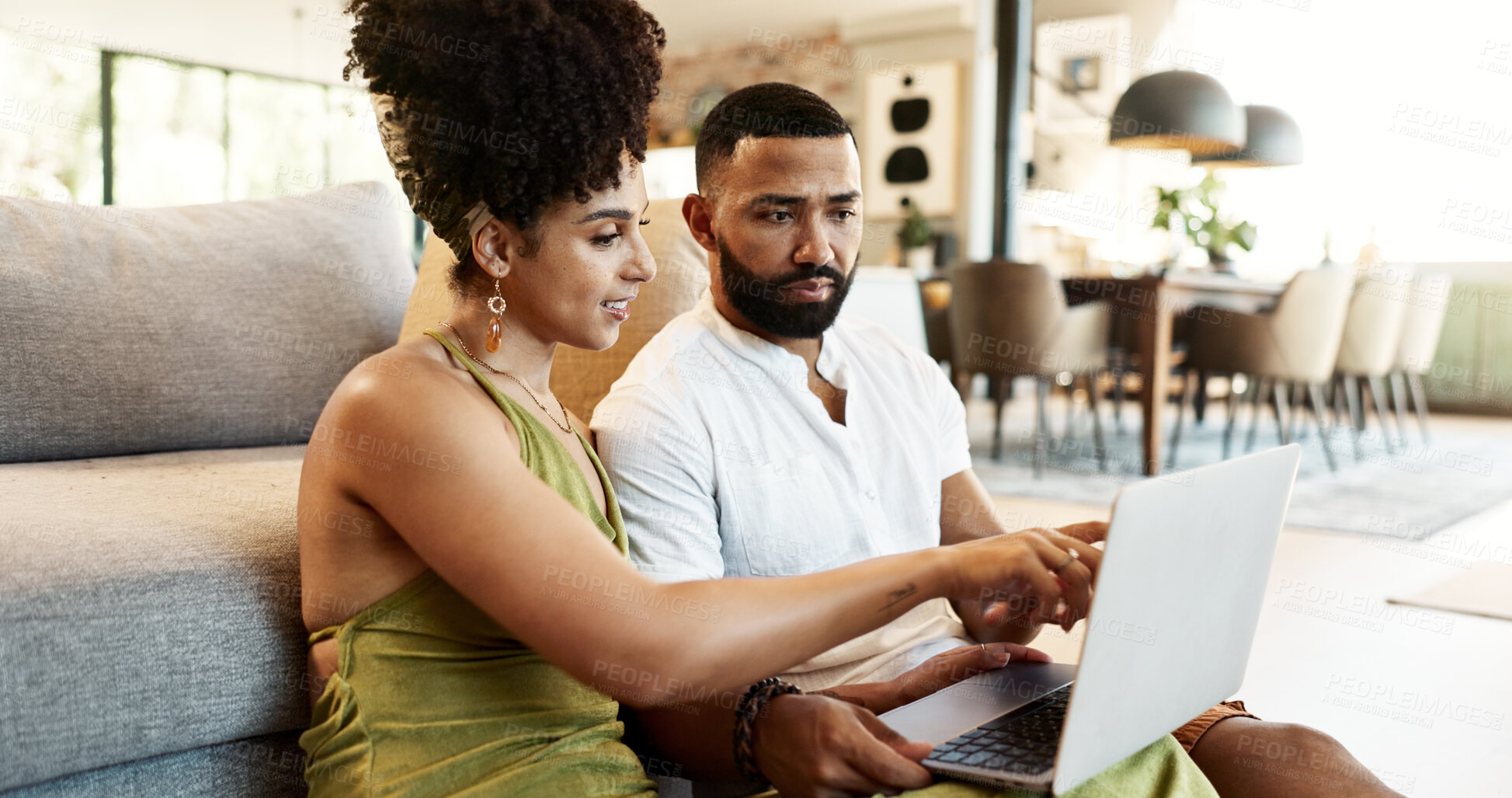 Buy stock photo Laptop, online banking and couple on floor in home for payment, property mortgage and insurance. Marriage, living room and man and woman on computer for finance website, investment and savings budget