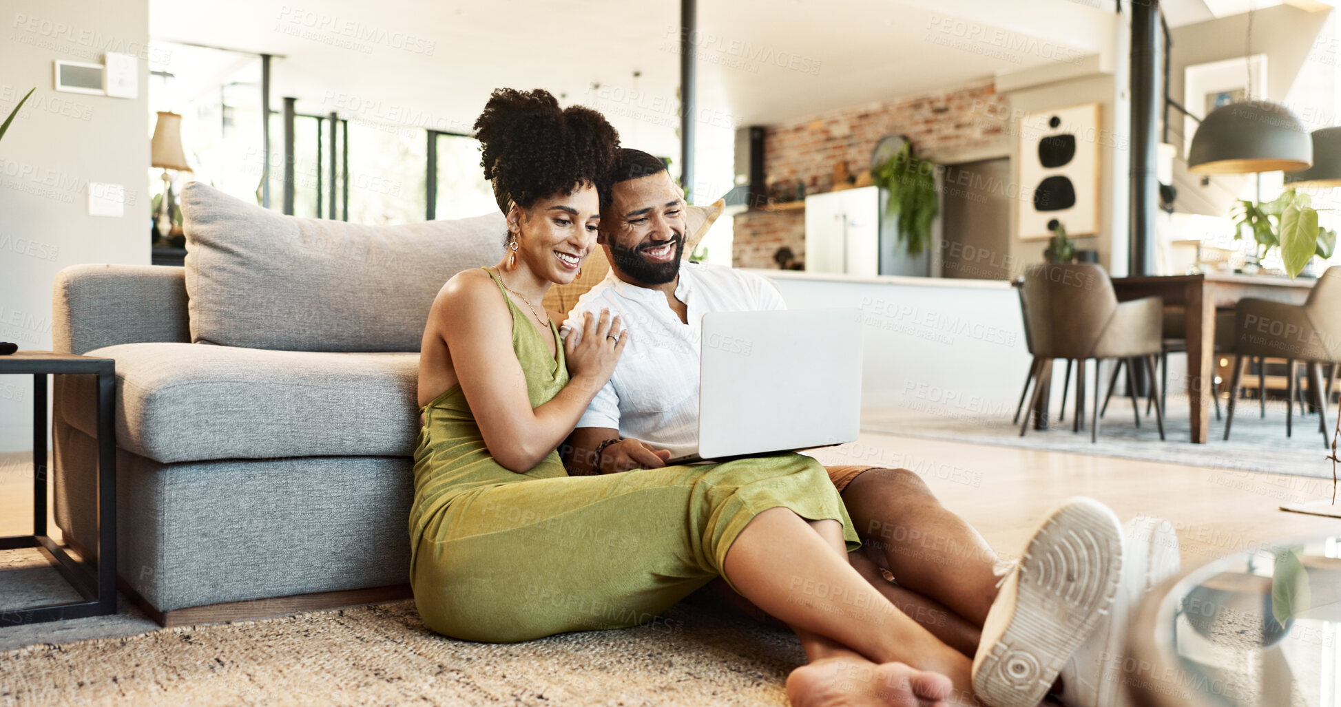 Buy stock photo Laptop, relax and couple on floor in home for bonding, loving relationship and happy together. Marriage, living room and man and woman on computer for internet videos, website and online streaming