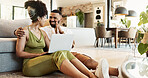 Laptop, online banking and couple high five in home for payment, mortgage approval and insurance. Marriage, living room and man and woman on computer for finance website, investment and savings