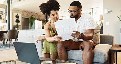 Buy stock photo Couple, paperwork and laptop with budget in home for mortgage loan, investment planning or bills. People, technology and finance documents on sofa with invoice or receipt for expenses, savings or tax