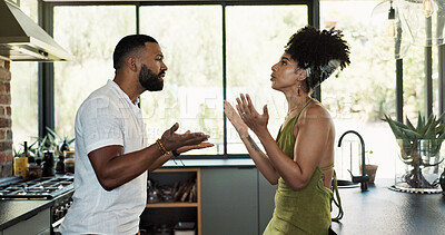 Buy stock photo Couple, angry and conflict with fight in kitchen for marriage fail, frustrated and toxic relationship in home. People, argument and shouting in conversation with drama, cheating and upset for dispute