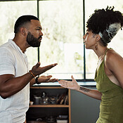 Divorce, argue and couple fight in a kitchen with stress, shouting and ...