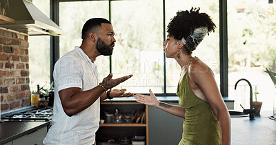 Buy stock photo Divorce, argue and couple fight in a kitchen with stress, shouting and cheating confrontation in their home. Marriage, conflict and people shout in a house with doubt, anger or blame, hate or fail