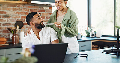 Buy stock photo Couple, happy and surprise with pregnancy test in home with announcement, celebration and ivf success in kitchen. People, pregnant results and excited for fertility with good news, hug or testing kit