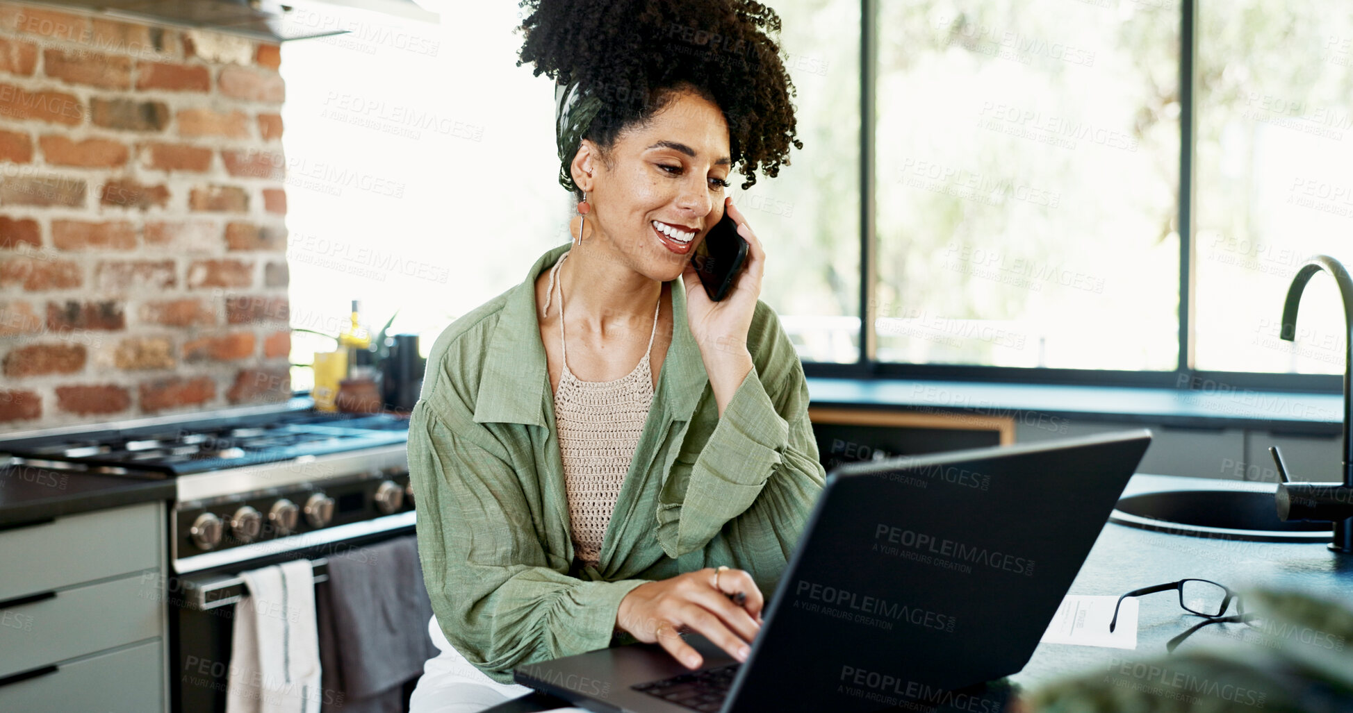 Buy stock photo Woman, phone call and laptop for freelancer in kitchen, planning and communication on app in home. Female person, speaking and networking for agenda or website for research, info and journalist