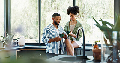 Buy stock photo Coffee, happy and couple in kitchen in home with hot beverage, tea and caffeine for breakfast. Marriage, apartment and black man and woman with drink for bonding, loving relationship and commitment