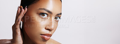 Buy stock photo Beauty, shine and face of woman, makeup and results of treatment, soft and confidence for glow in studio. Pink background, portrait and pride of skin, dermatology and cosmetics for person or skincare