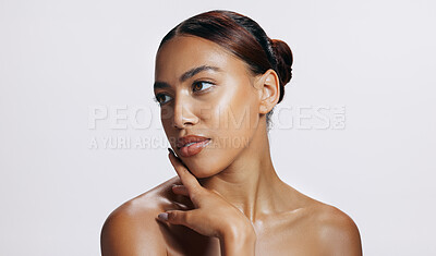 Buy stock photo Studio, calm and glow of woman, makeup and results of treatment, soft and confidence for shine or beauty. White background, salon and proud of face, dermatology and cosmetics of person or skincare