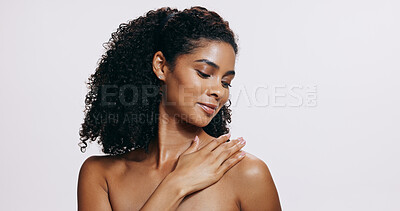 Buy stock photo Black woman, natural beauty and skin glow with relax, dermatology and wellness in studio. Cosmetics, facial and smile from skincare and collagen treatment results with white background and mockup