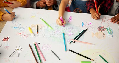 Buy stock photo Children, friends and hands drawing for creative project or school academy for art class, learning or lesson. Pencils, colouring and paper or teamwork with childhood development, classroom or craft