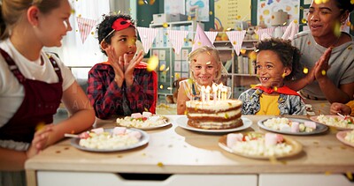 Buy stock photo Birthday, party and children with blowing of candles for celebration, development and growth of child. Happy, friends and smile with cake in classroom at table for special event, love and support