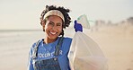 Beach, face and excited woman with plastic bag for earth day, sustainability or ocean cleaning project. Recycle, sustainability or portrait of lady volunteer at sea for NGO, accountability or charity