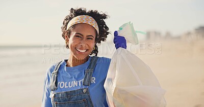 Buy stock photo Beach, face and excited woman with plastic bag for earth day, sustainability or ocean cleaning project. Recycle, sustainability or portrait of lady volunteer at sea for NGO, accountability or charity