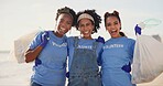 Beach, face and excited women with plastic bag for earth day, sustainability or ocean cleaning project. Recycle, sustainability or volunteer friends portrait at sea for NGO, accountability or charity